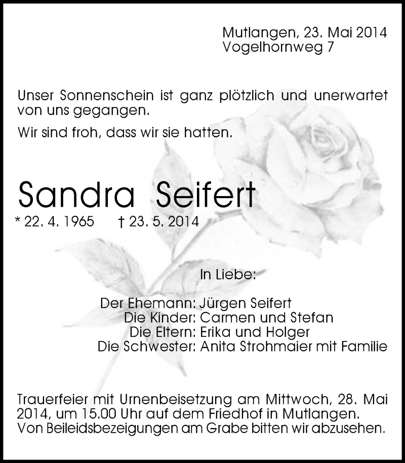  Traueranzeige für Sandra Seifert vom 26.05.2014 aus Gmünder Tagespost