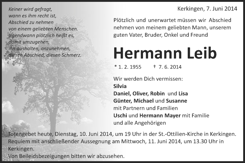 Traueranzeige für Hermann Leib vom 10.06.2014 aus Schwäbische Post