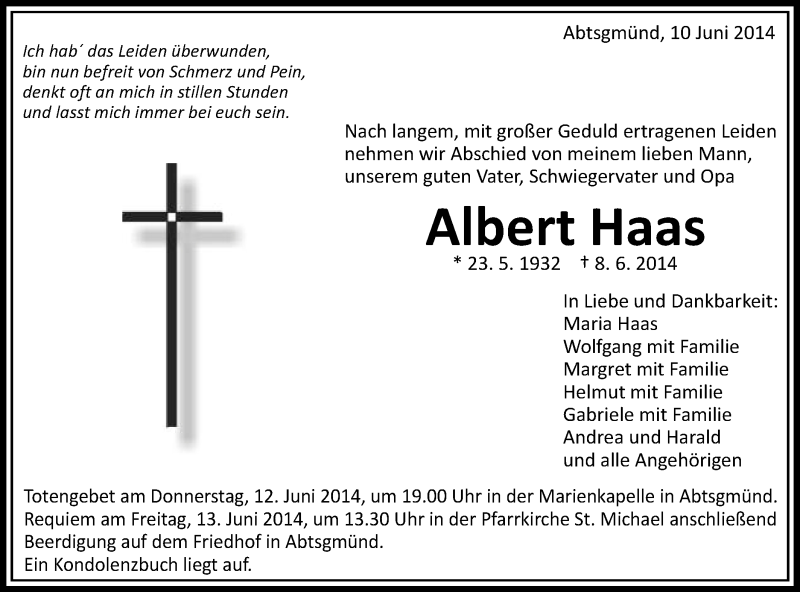  Traueranzeige für Albert Haas vom 10.06.2014 aus Schwäbische Post