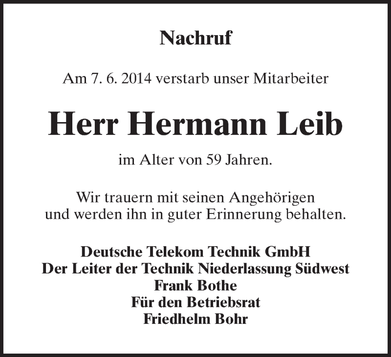  Traueranzeige für Hermann Leib vom 11.06.2014 aus Schwäbische Post