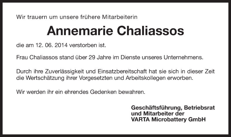  Traueranzeige für Annemarie Chaliassos vom 26.06.2014 aus Schwäbische Post