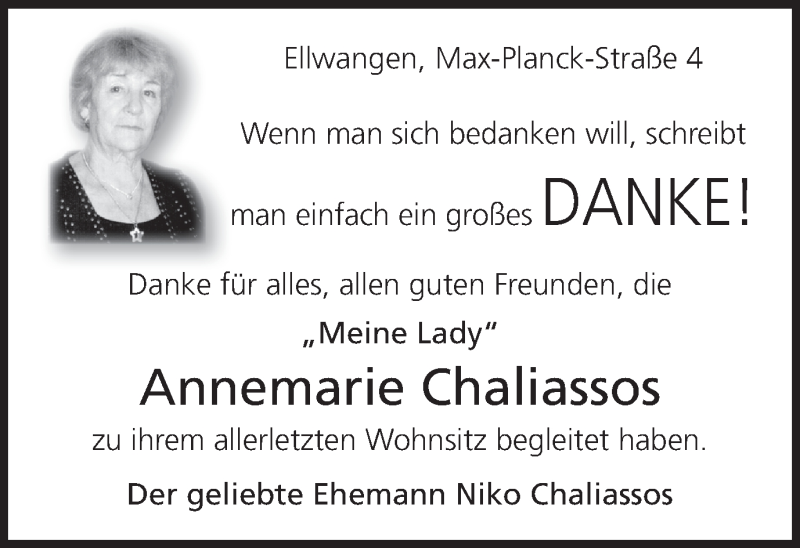  Traueranzeige für Annemarie Chaliassos vom 03.07.2014 aus Schwäbische Post