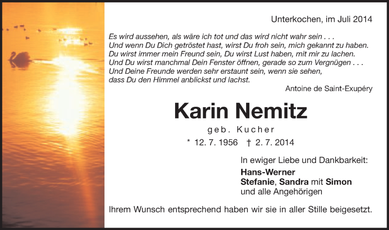  Traueranzeige für Karin Nemitz vom 12.07.2014 aus Schwäbische Post