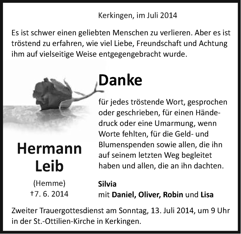  Traueranzeige für Hermann Leib vom 10.07.2014 aus Schwäbische Post