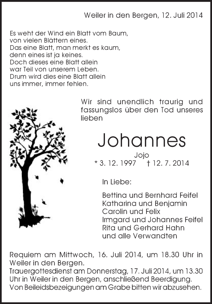  Traueranzeige für Johannes Feifel vom 15.07.2014 aus Gmünder Tagespost
