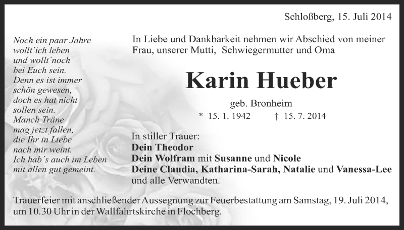  Traueranzeige für Karin Hueber vom 17.07.2014 aus Schwäbische Post
