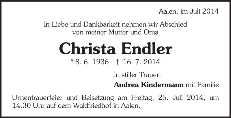  Traueranzeige für Christa Endler vom 23.07.2014 aus Schwäbische Post