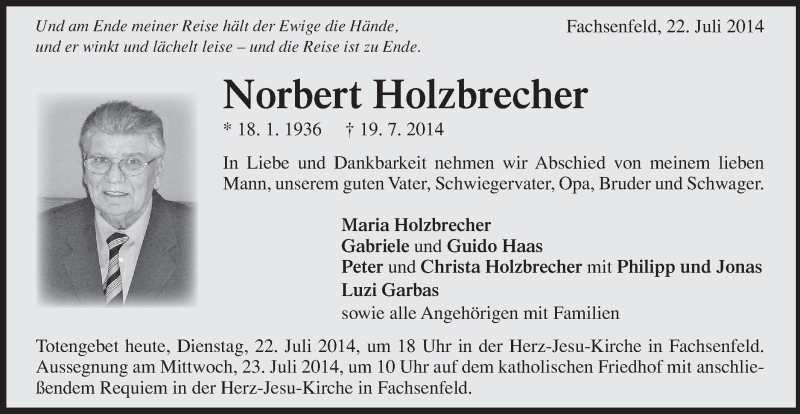  Traueranzeige für Norbert Holzbrecher vom 22.07.2014 aus Schwäbische Post