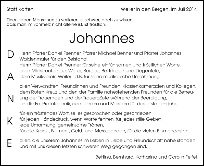 Traueranzeige für Johannes Feifel vom 23.07.2014 aus Gmünder Tagespost