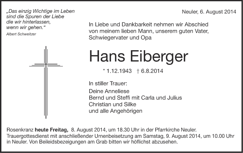  Traueranzeige für Hans Eiberger vom 08.08.2014 aus Schwäbische Post