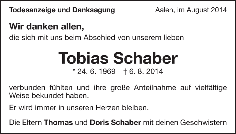  Traueranzeige für Tobias Schaber vom 16.08.2014 aus Schwäbische Post