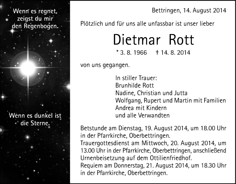  Traueranzeige für Dietmar Rott vom 16.08.2014 aus Gmünder Tagespost