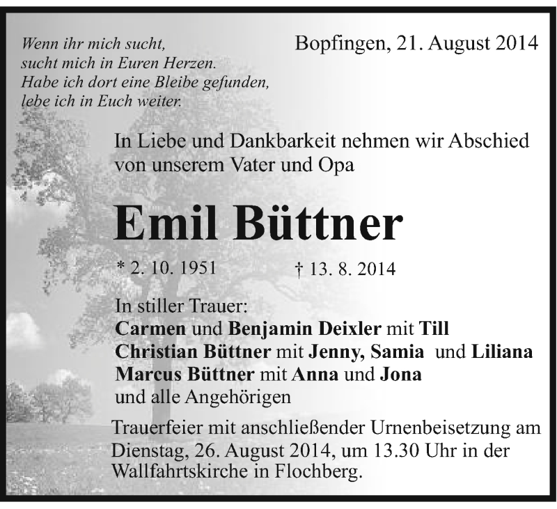  Traueranzeige für Emil Büttner vom 21.08.2014 aus Schwäbische Post
