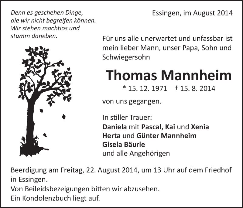  Traueranzeige für Thomas Mannheim vom 20.08.2014 aus Schwäbische Post