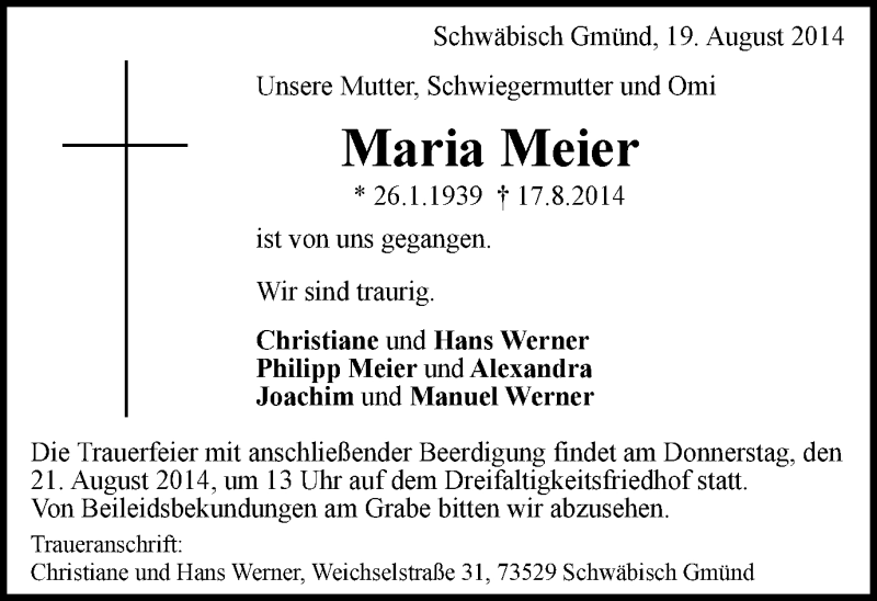  Traueranzeige für Maria Meier vom 19.08.2014 aus Gmünder Tagespost