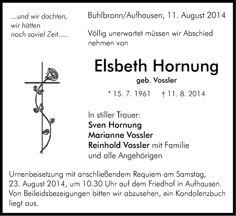  Traueranzeige für Elsbeth Hornung vom 20.08.2014 aus Schwäbische Post
