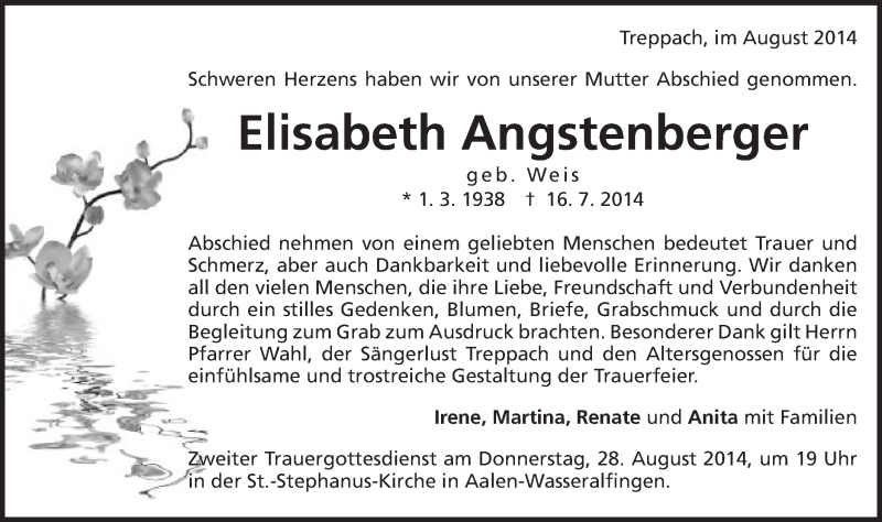 Traueranzeige für Elisabeth Angstenberger vom 23.08.2014 aus Schwäbische Post
