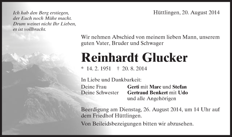  Traueranzeige für Reinhardt Glucker vom 23.08.2014 aus Schwäbische Post