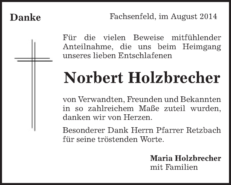  Traueranzeige für Norbert Holzbrecher vom 26.08.2014 aus Schwäbische Post