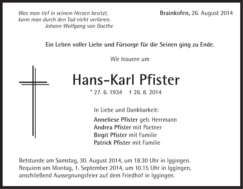  Traueranzeige für Hans-Karl Pfister vom 29.08.2014 aus Gmünder Tagespost