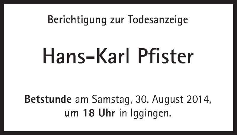  Traueranzeige für Hans-Karl Pfister vom 30.08.2014 aus OstalbTrauer
