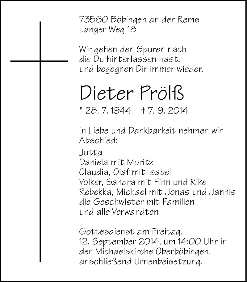  Traueranzeige für Dieter Prölß vom 10.09.2014 aus Gmünder Tagespost