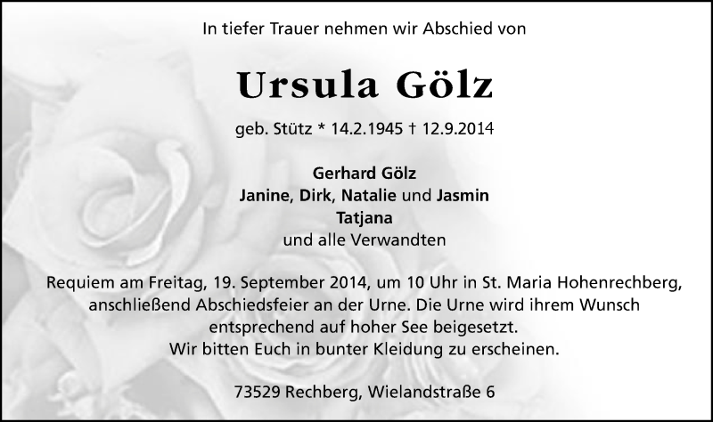  Traueranzeige für Ursula Gölz vom 16.09.2014 aus Gmünder Tagespost