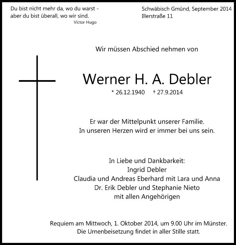  Traueranzeige für Werner H. A. Debler vom 29.09.2014 aus Gmünder Tagespost