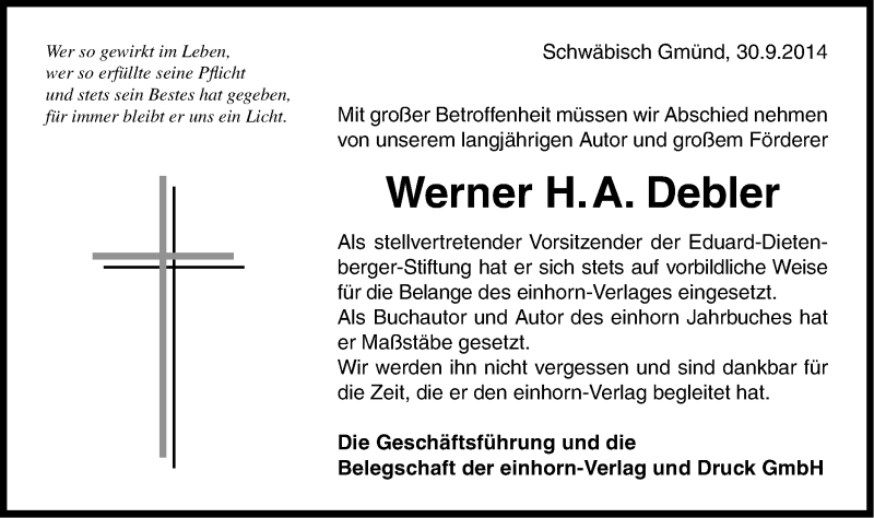 Traueranzeige für Werner H. A. Debler vom 30.09.2014 aus Gmünder Tagespost