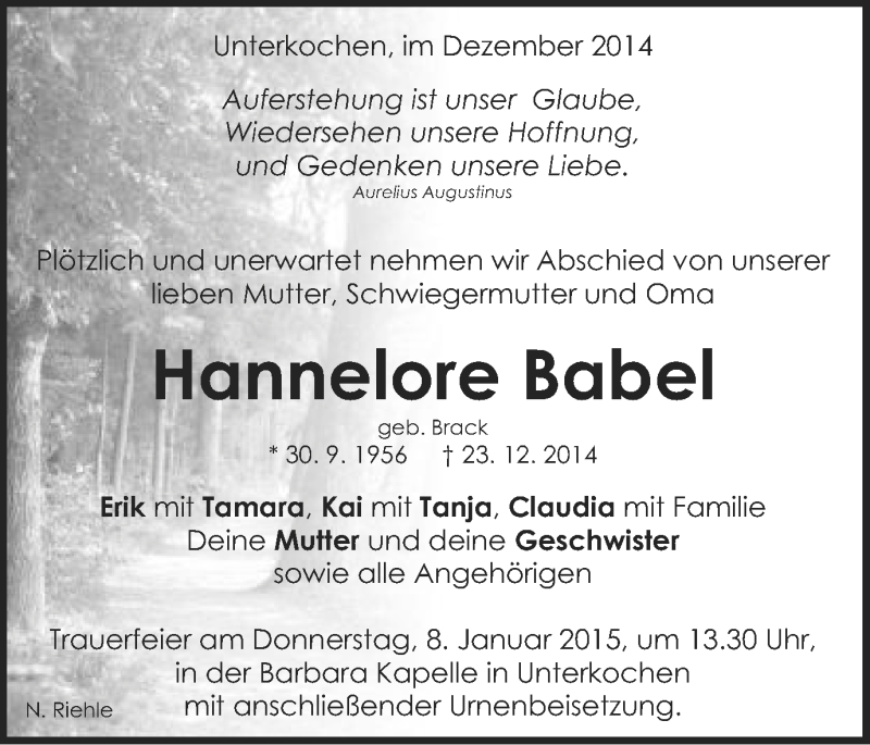  Traueranzeige für Hannelore Babel vom 03.01.2015 aus Schwäbische Post
