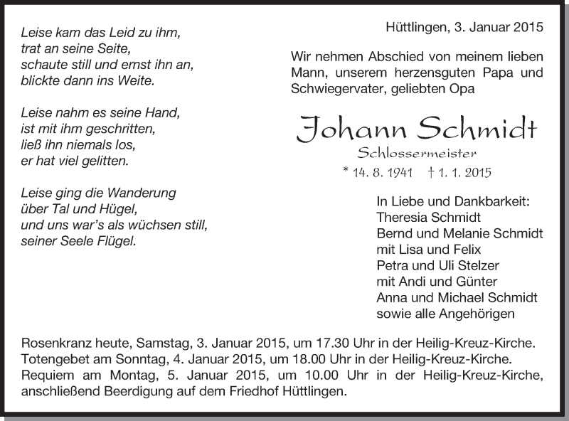  Traueranzeige für Johann Schmidt vom 03.01.2015 aus Schwäbische Post