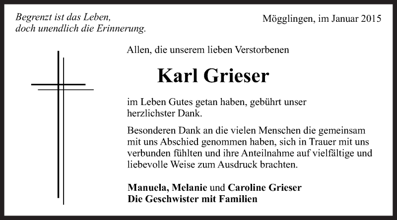  Traueranzeige für Karl Grieser vom 10.01.2015 aus Gmünder Tagespost
