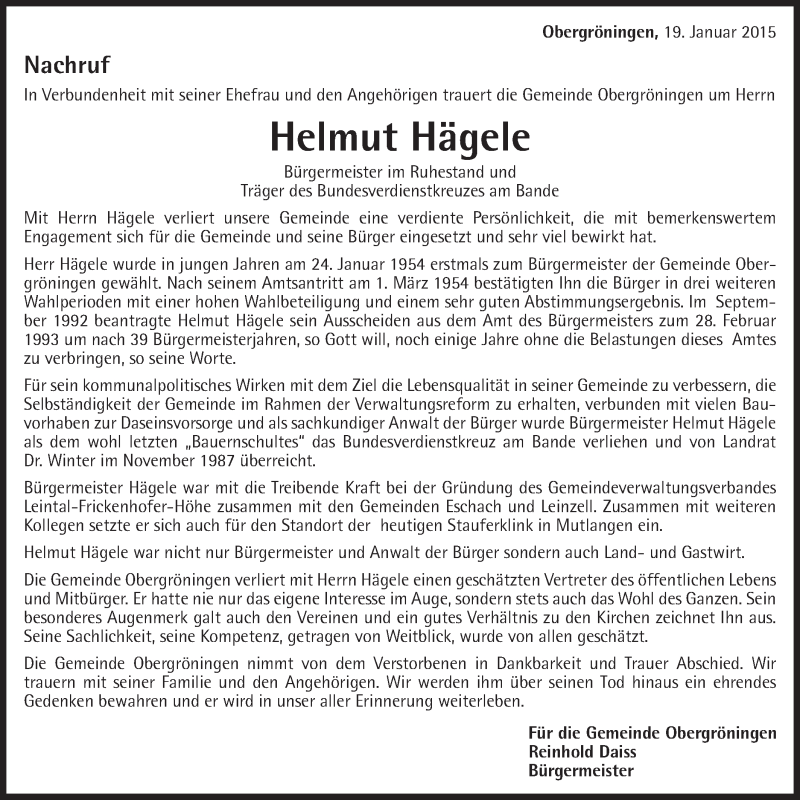  Traueranzeige für Helmut Hägele vom 19.01.2015 aus Gmünder Tagespost