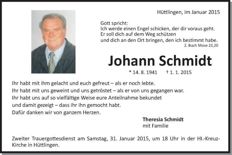  Traueranzeige für Johann Schmidt vom 29.01.2015 aus Schwäbische Post