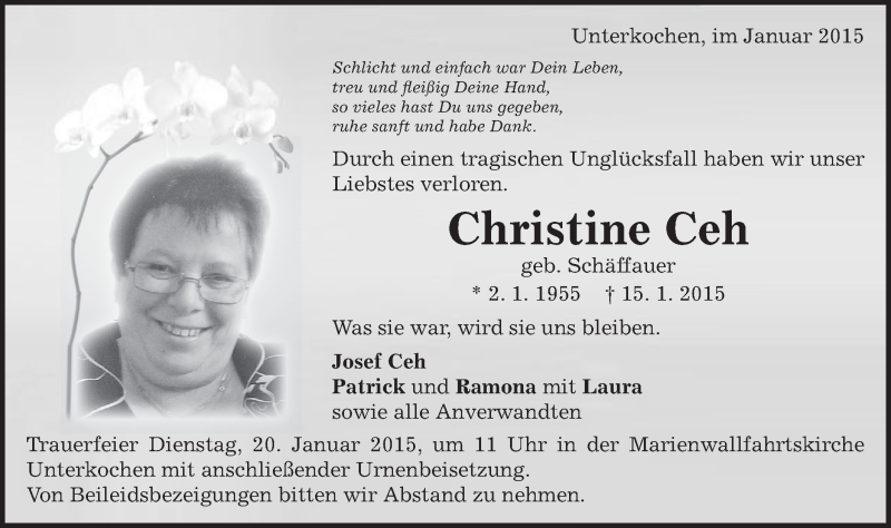  Traueranzeige für Christine Ceh vom 19.01.2015 aus Schwäbische Post