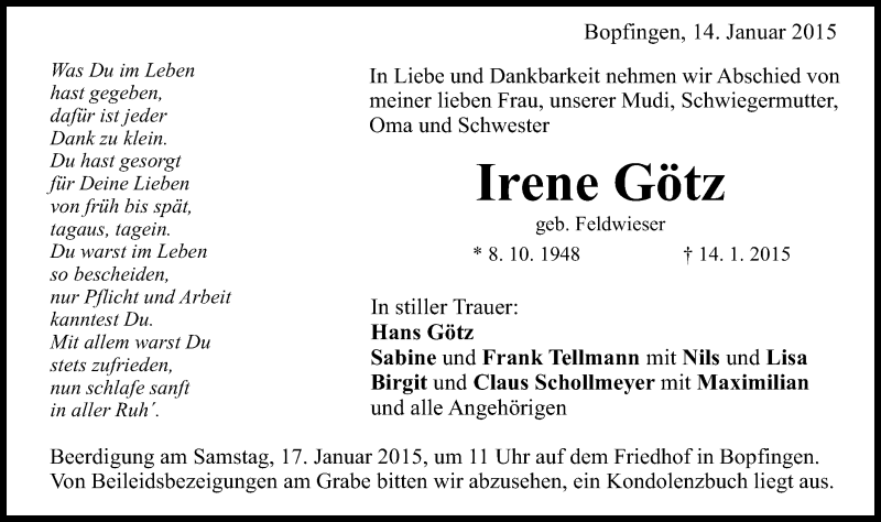  Traueranzeige für Irene Götz vom 15.01.2015 aus Schwäbische Post