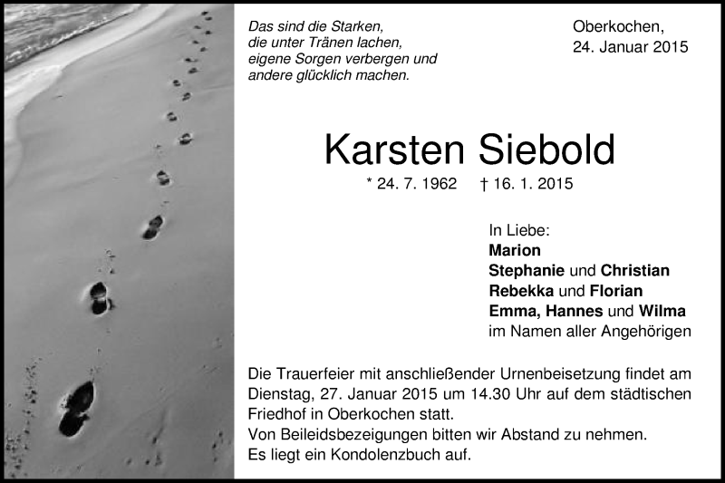  Traueranzeige für Karsten Siebold vom 24.01.2015 aus Schwäbische Post