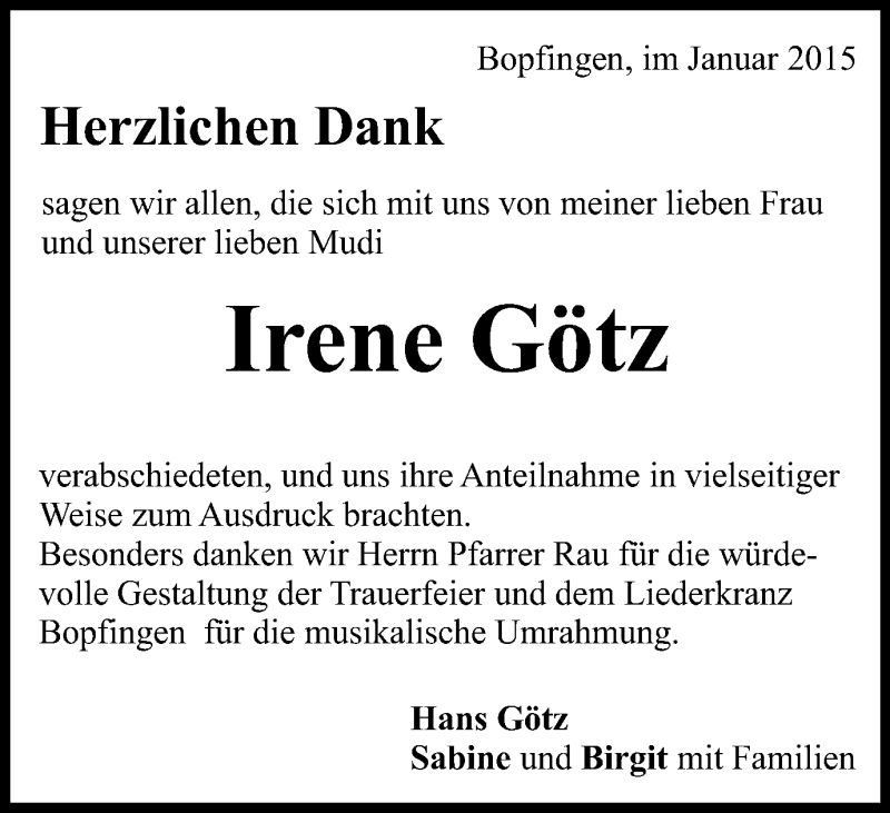  Traueranzeige für Irene Götz vom 24.01.2015 aus Schwäbische Post