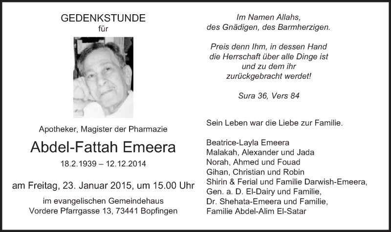  Traueranzeige für Abdel-Fattah Emeera vom 17.01.2015 aus Schwäbische Post