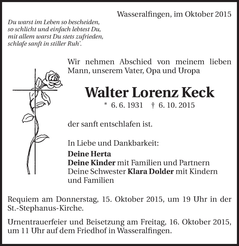  Traueranzeige für Walter Lorenz Keck vom 13.10.2015 aus Schwäbische Post