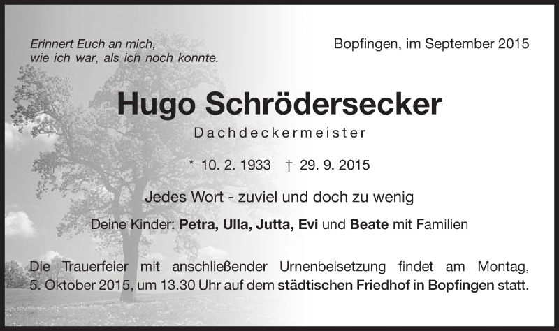 Traueranzeige für Hugo Schrödersecker vom 02.10.2015 aus Schwäbische Post