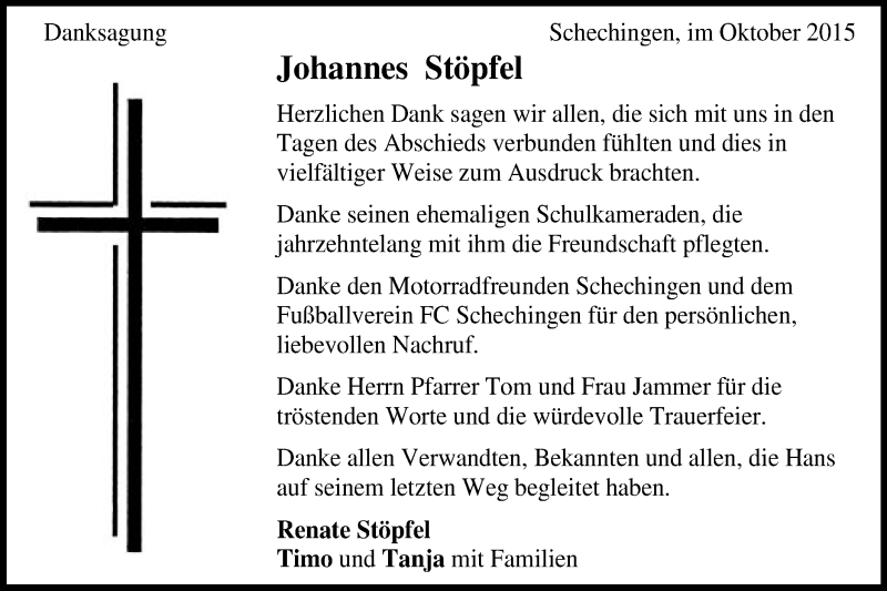  Traueranzeige für Johannes Stöpfel vom 17.10.2015 aus Gmünder Tagespost