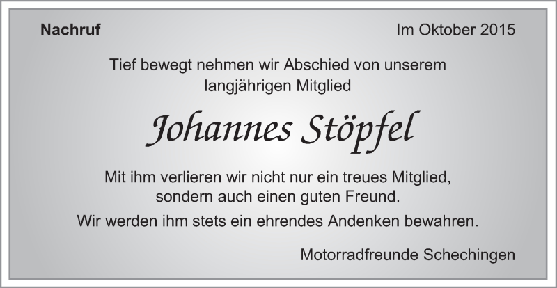  Traueranzeige für Johannes Stöpfel vom 13.10.2015 aus Gmünder Tagespost