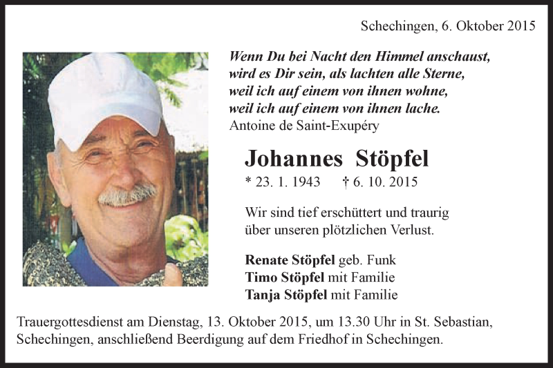  Traueranzeige für Johannes Stöpfel vom 09.10.2015 aus Gmünder Tagespost