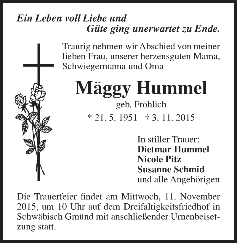  Traueranzeige für Mäggy Hummel vom 09.11.2015 aus Gmünder Tagespost