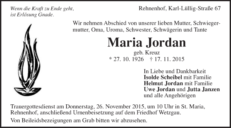  Traueranzeige für Maria Jordan vom 25.11.2015 aus Gmünder Tagespost