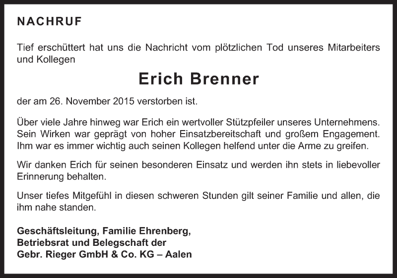  Traueranzeige für Erich Brenner vom 28.11.2015 aus Schwäbische Post
