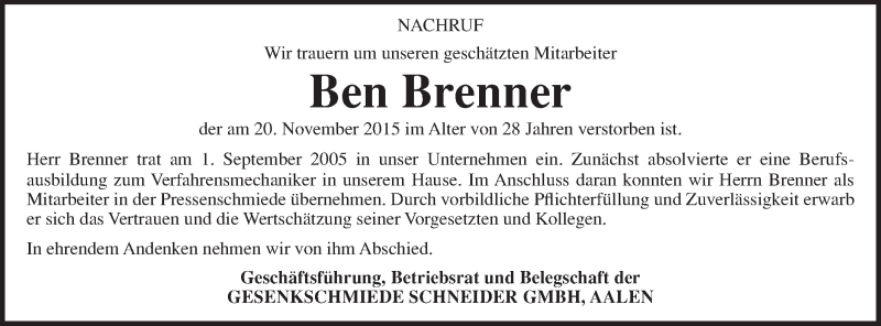  Traueranzeige für Ben Brenner vom 27.11.2015 aus Schwäbische Post