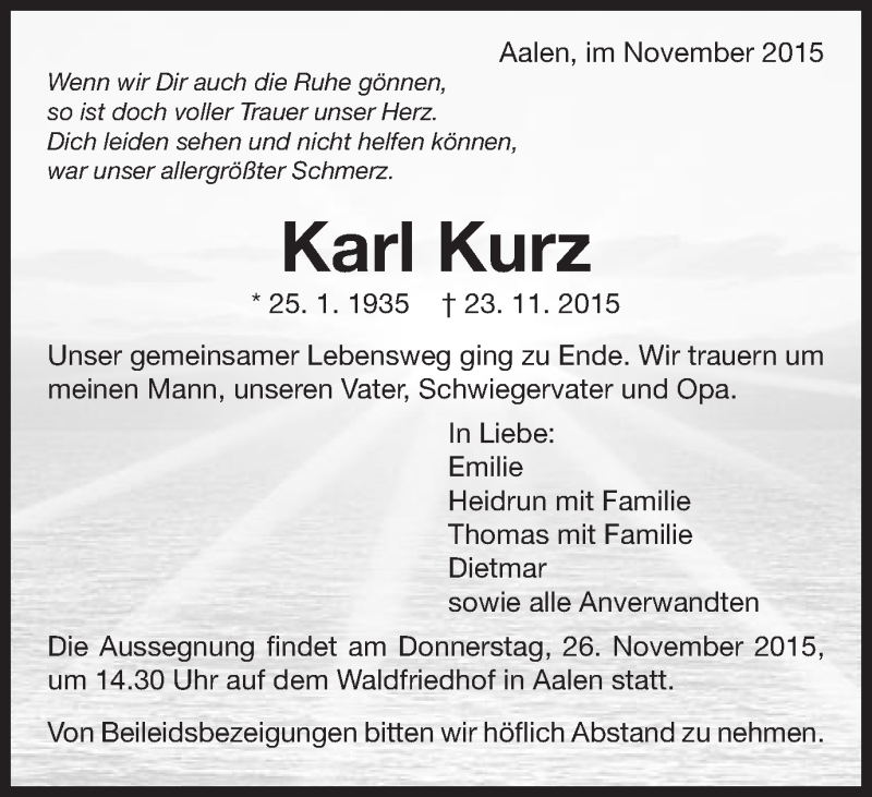  Traueranzeige für Karl Kurz vom 25.11.2015 aus Schwäbische Post