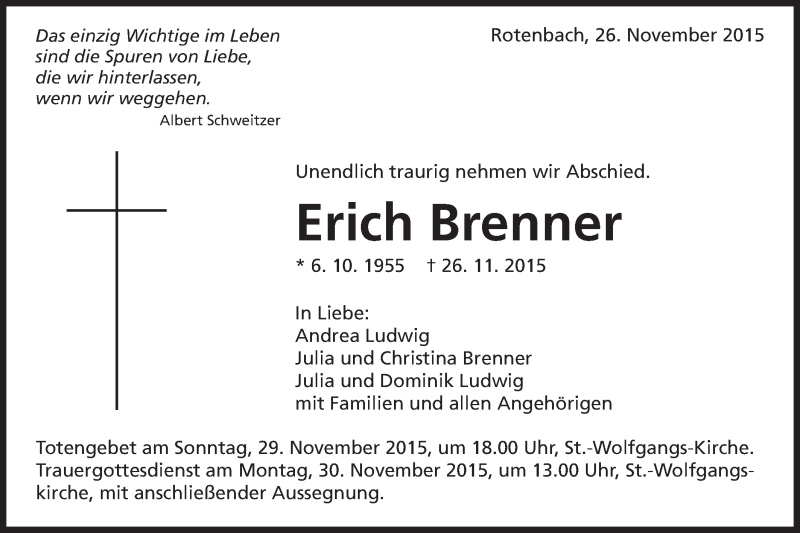  Traueranzeige für Erich Brenner vom 27.11.2015 aus Schwäbische Post